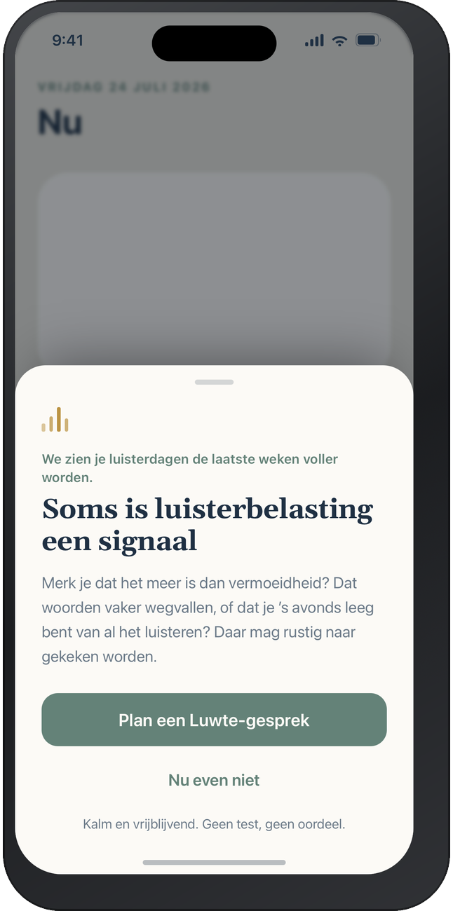 App-scherm met een rustige brug naar een gesprek